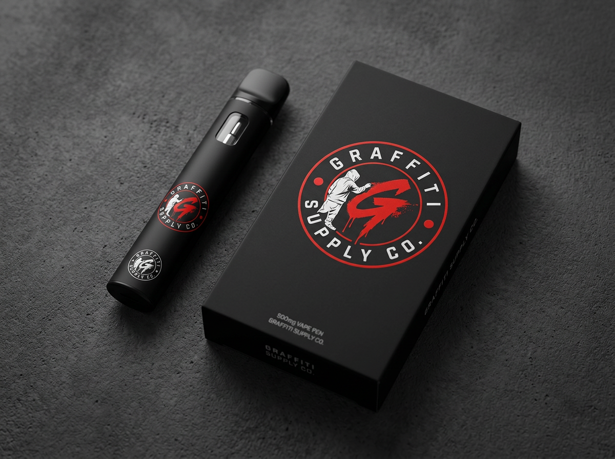 Graffiti Supply Co vape pen and box mockup with preserved logo artwork