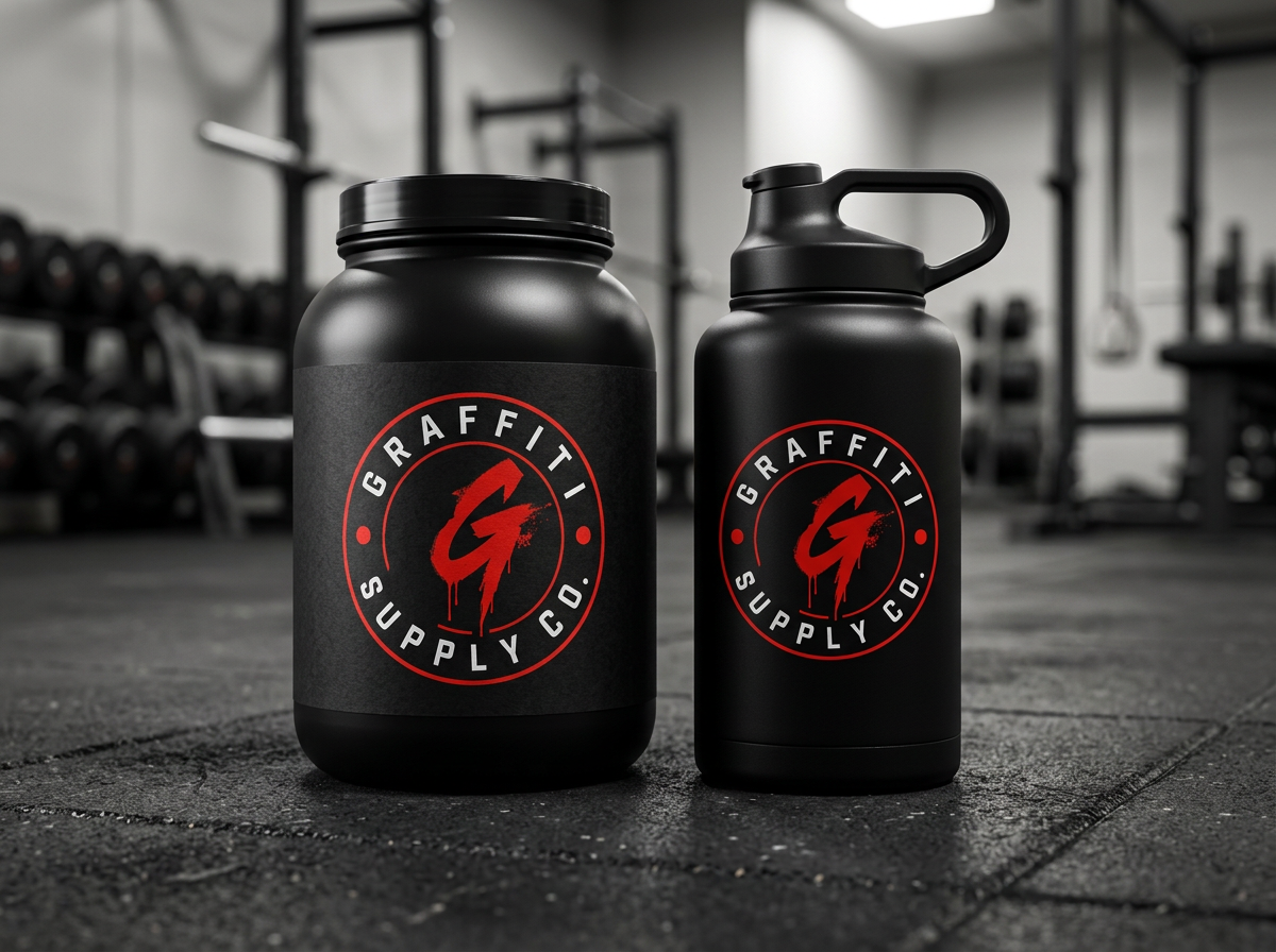 Graffiti Supply Co supplement tub and bottle mockup with preserved logo artwork