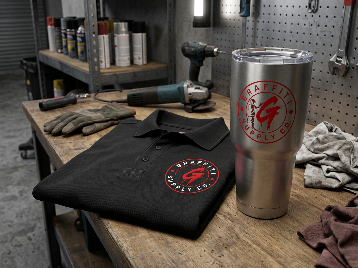 Graffiti Supply Co work polo and tumbler mockup with preserved logo artwork
