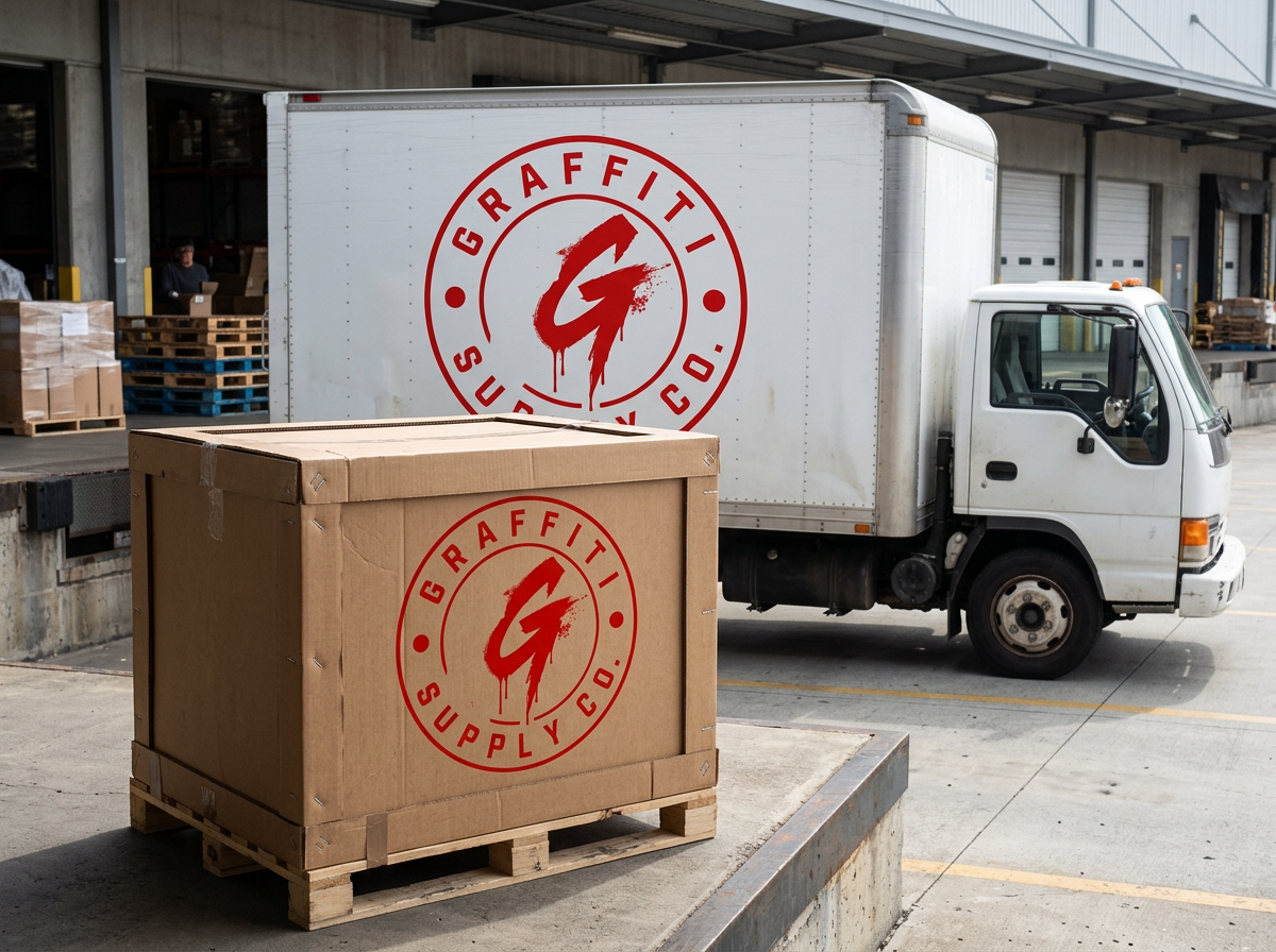 Graffiti Supply Co logistics crate and truck mockup with preserved logo artwork
